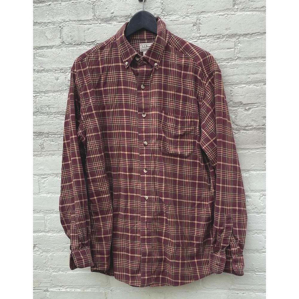 LL Bean Mens Plaid Button Down Shirt Burgundy Tan Cotton Long Sleeve M-REG - Picture 2 of 6